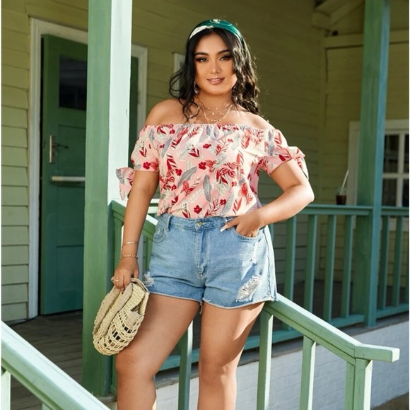 SHEIN - Tropical Print Knotted Bardot Blouse - Size 0X - Picture 2 of 9